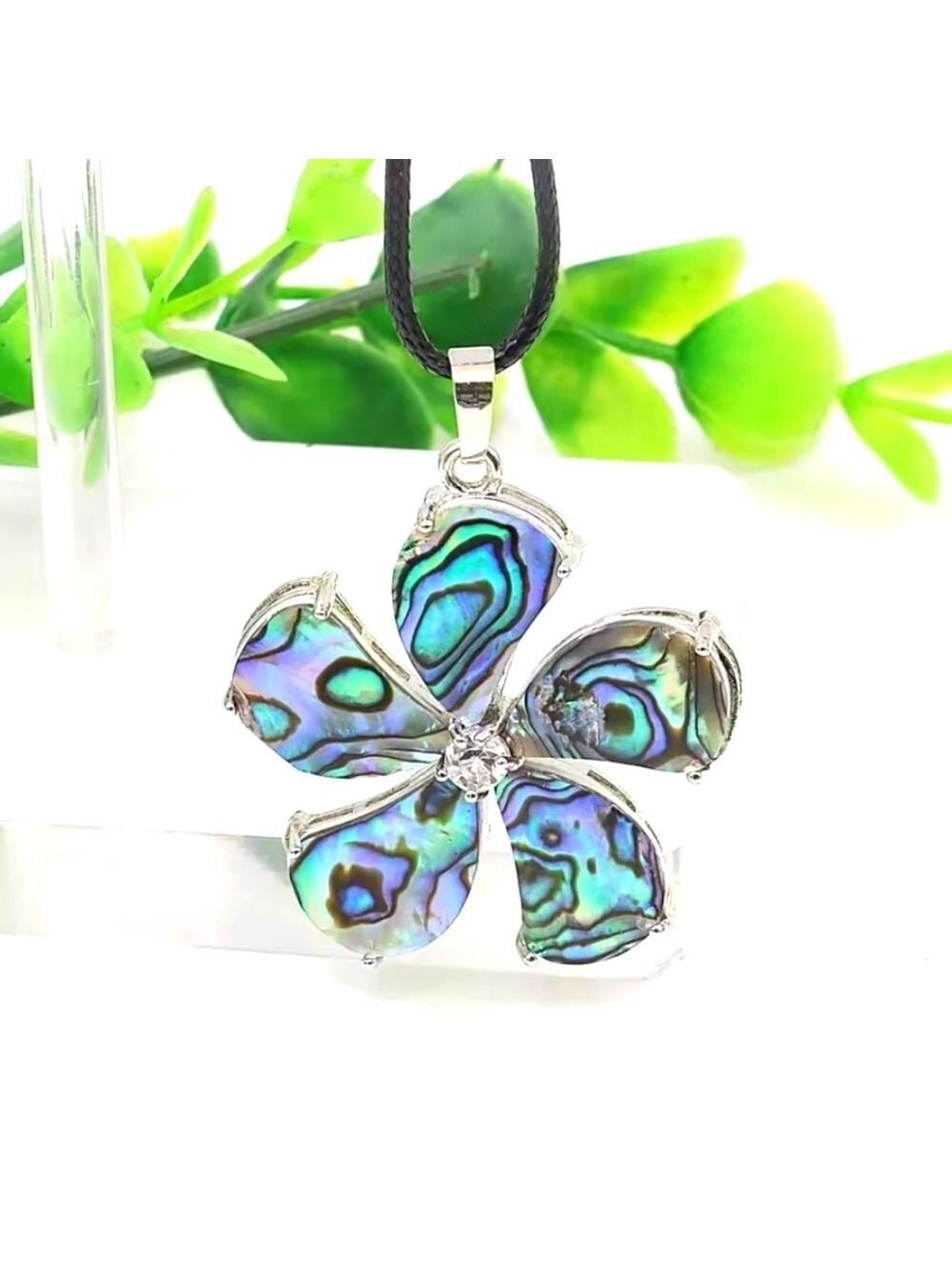 NATURAL Multi-color Abalone Shell Flower Shaped Pendant With Rhinestone
